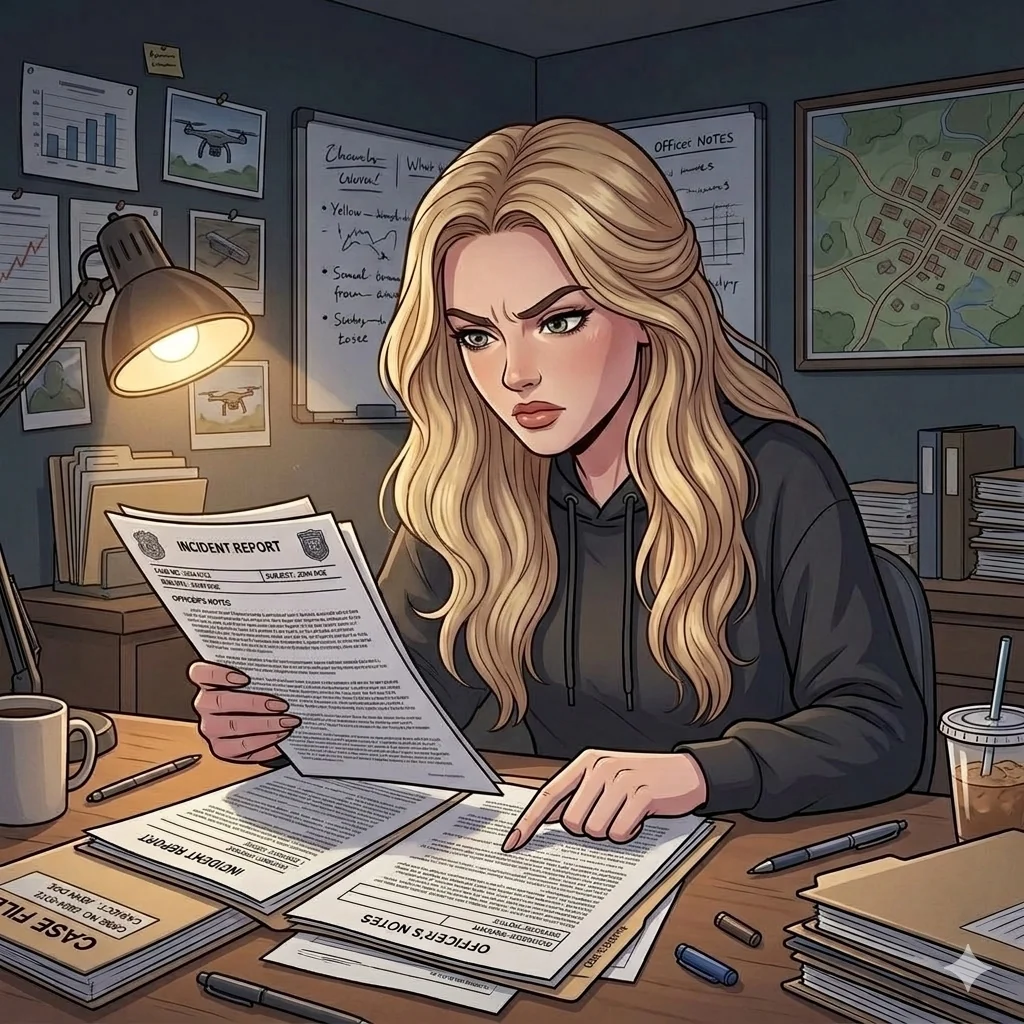 Cassie Lark examining reports at her desk late at night