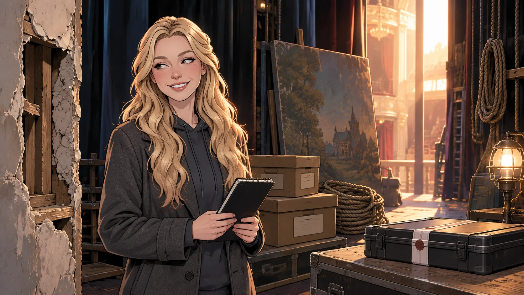 Cassie backstage at dawn beside the opened wall and sealed evidence
