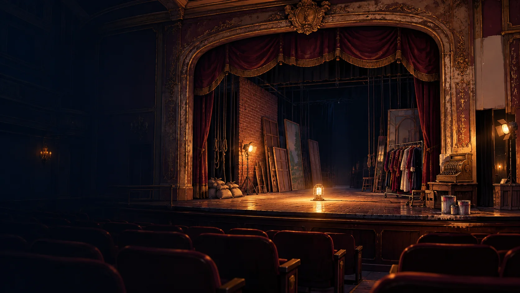 The empty stage and backstage wing of an old theatre under renovation