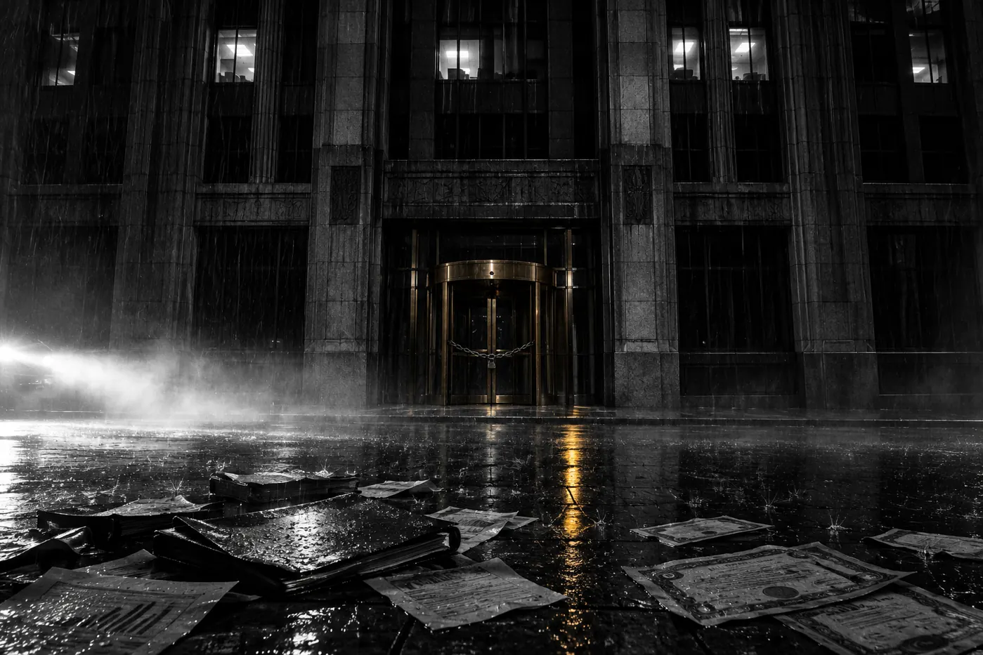 A locked, nearly dark corporate headquarters in heavy rain
