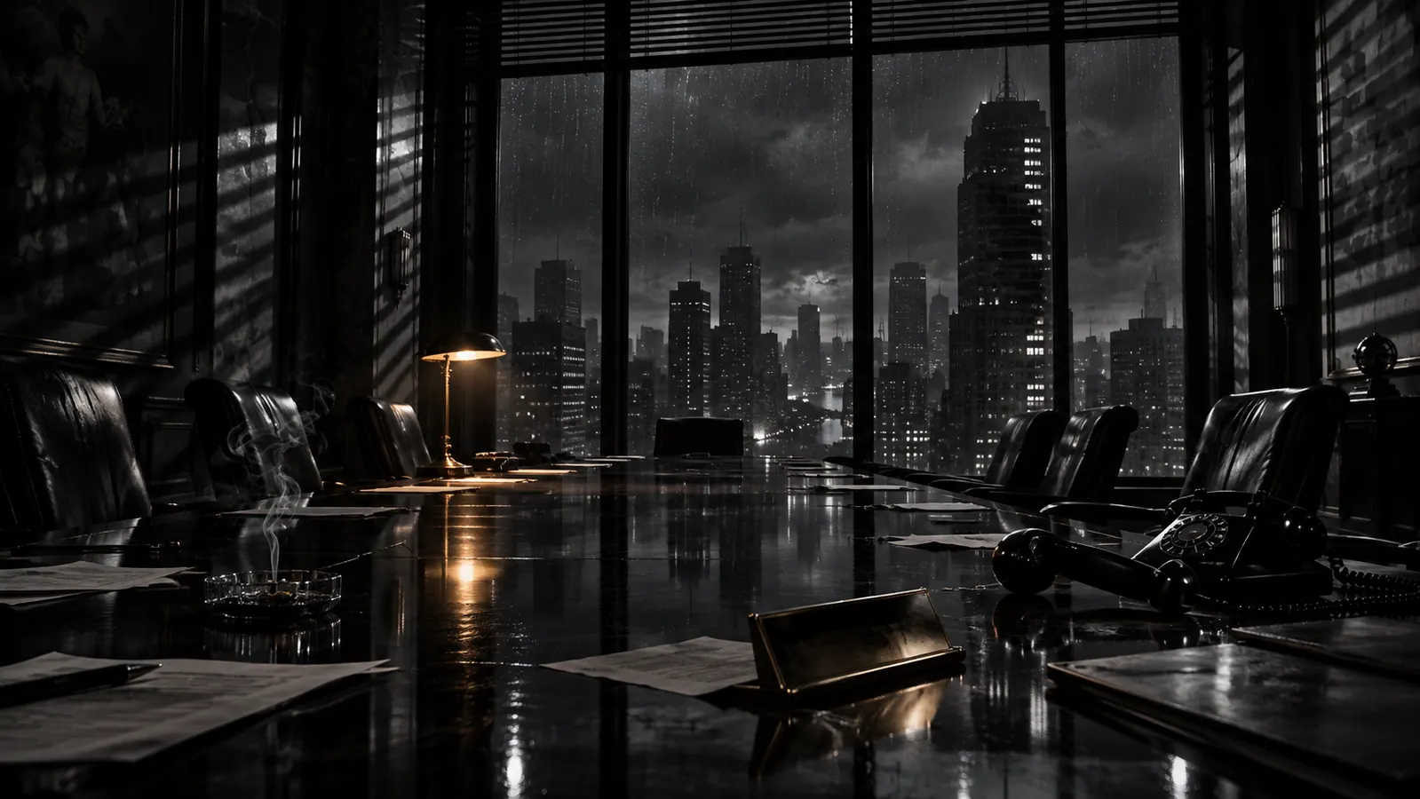 An abandoned executive boardroom at night, cut by hard shadows