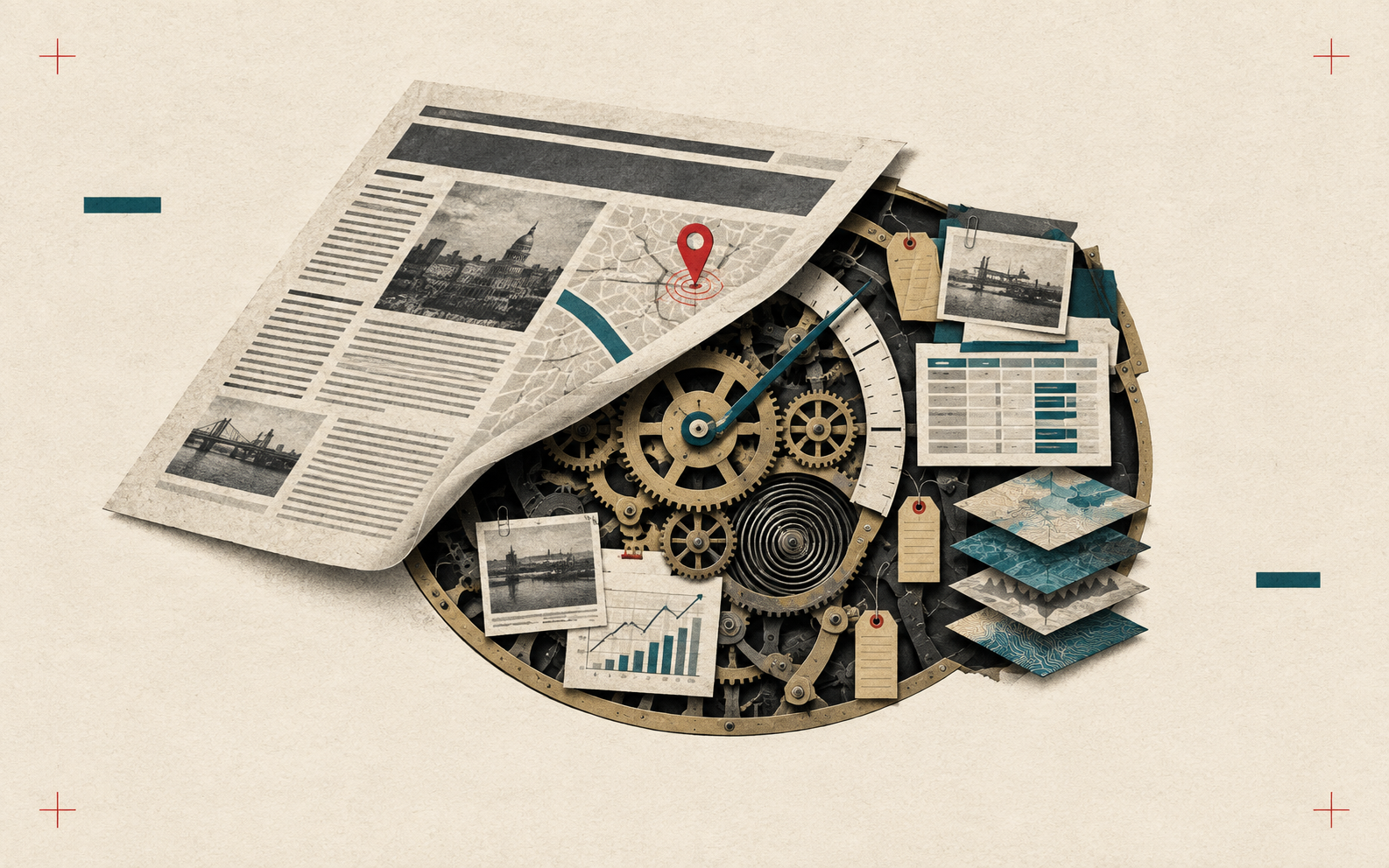 A cutaway clock mechanism beneath a newspaper, symbolizing reported signals and deeper systemic understanding