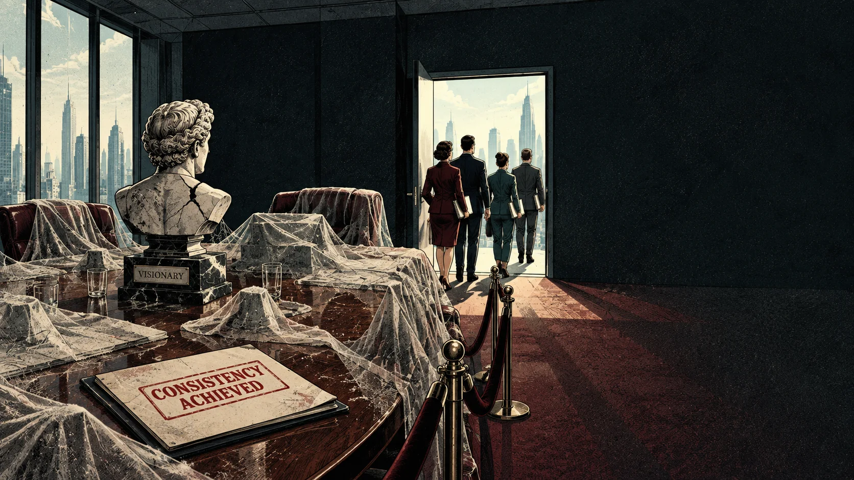 An obsolete boardroom becomes a museum while a smaller team leaves through a sunlit door.