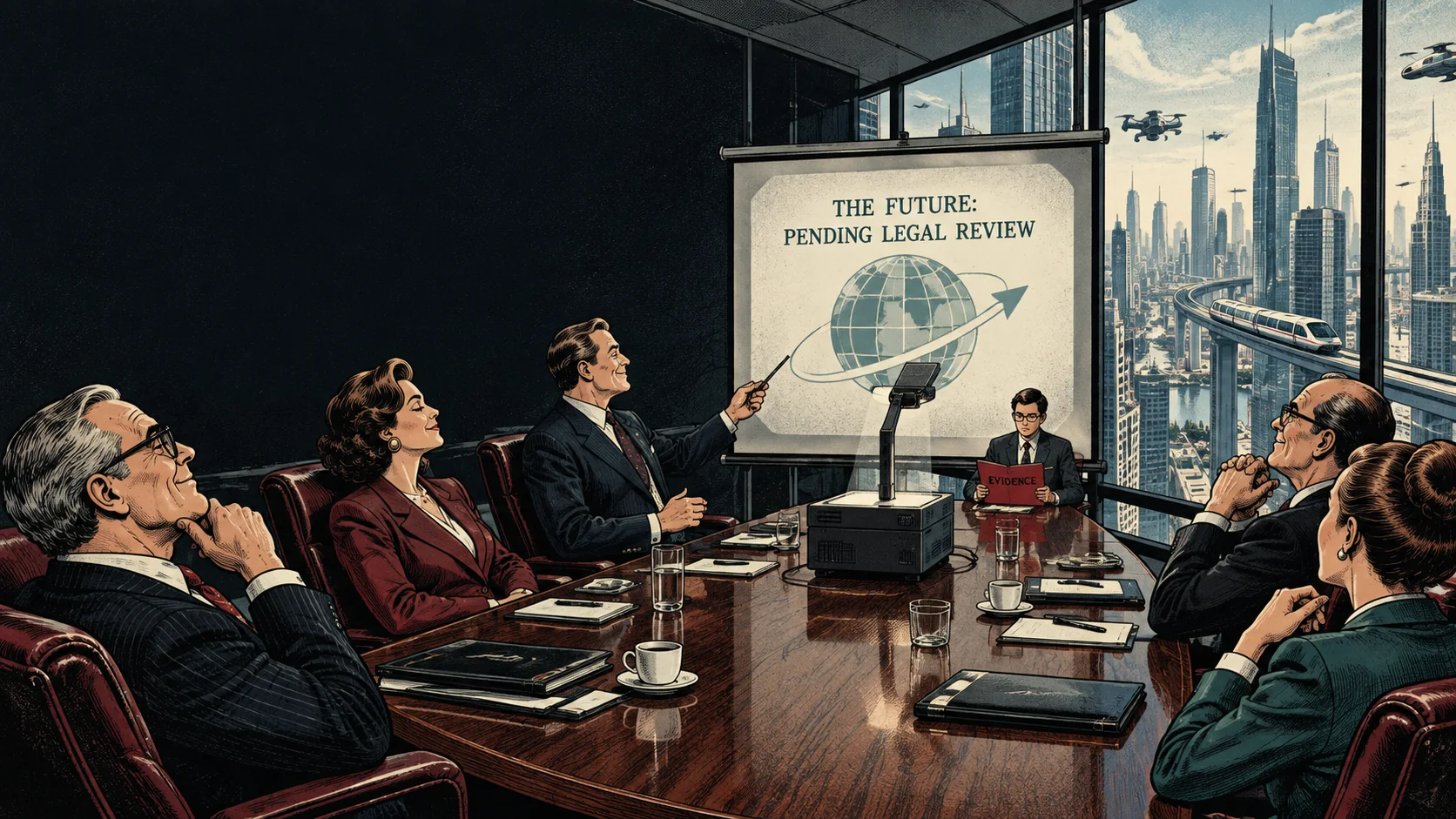 Fictional executives admire a presentation promising that the future is pending legal review while an analyst holds evidence.