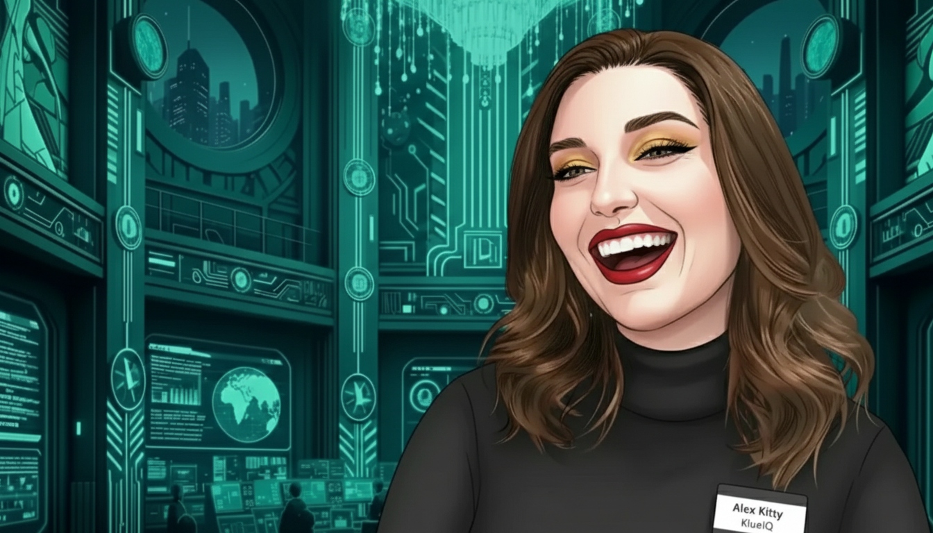 Illustrated Alexandra Kitty laughing in a teal digital research command centre
