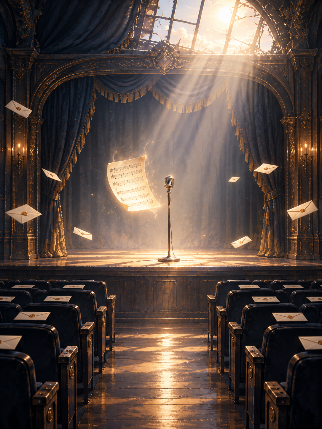A repaired microphone and restored sheet music glowing on a theatre stage at dawn
