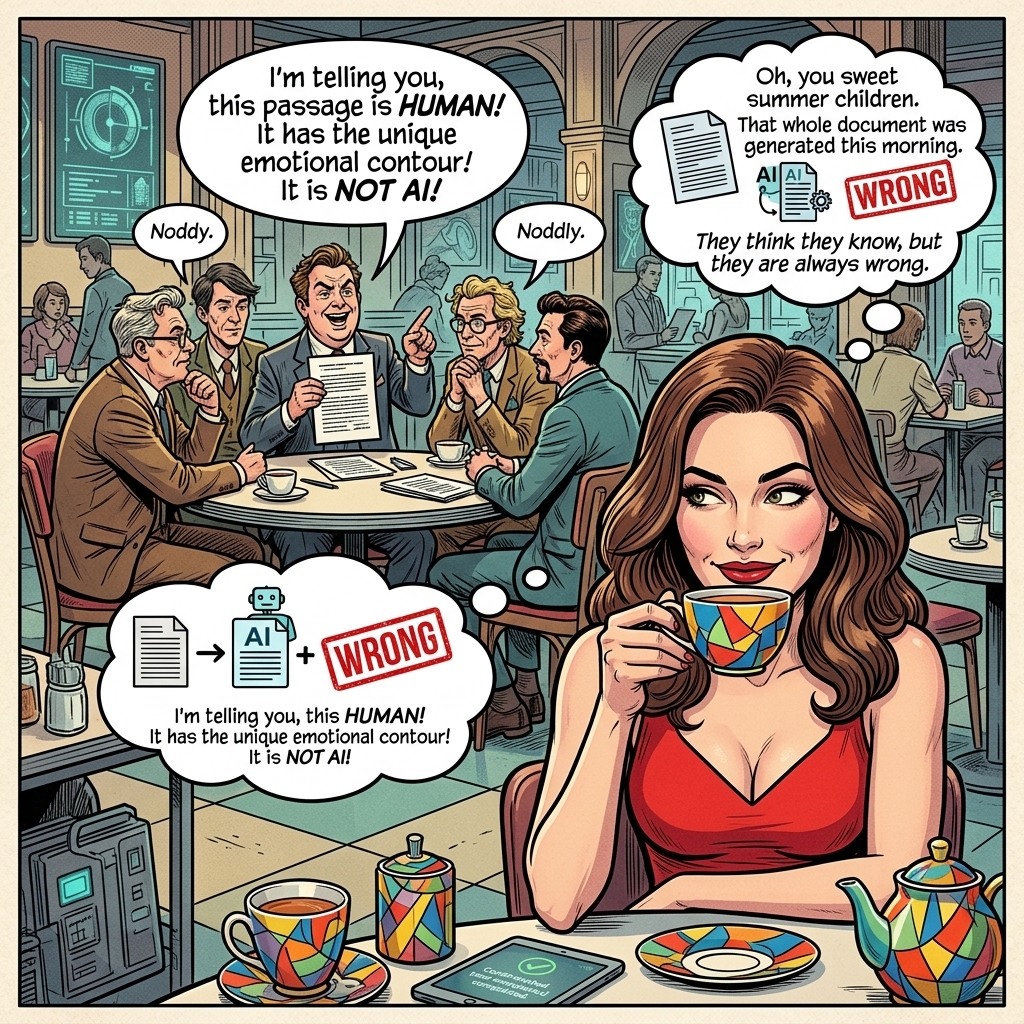 A table of self‑assured academics confidently declaring a passage “obviously human” while a woman nearby, who knows it was AI‑generated, silently clocks their confirmation bias and Dunning–Kruger.