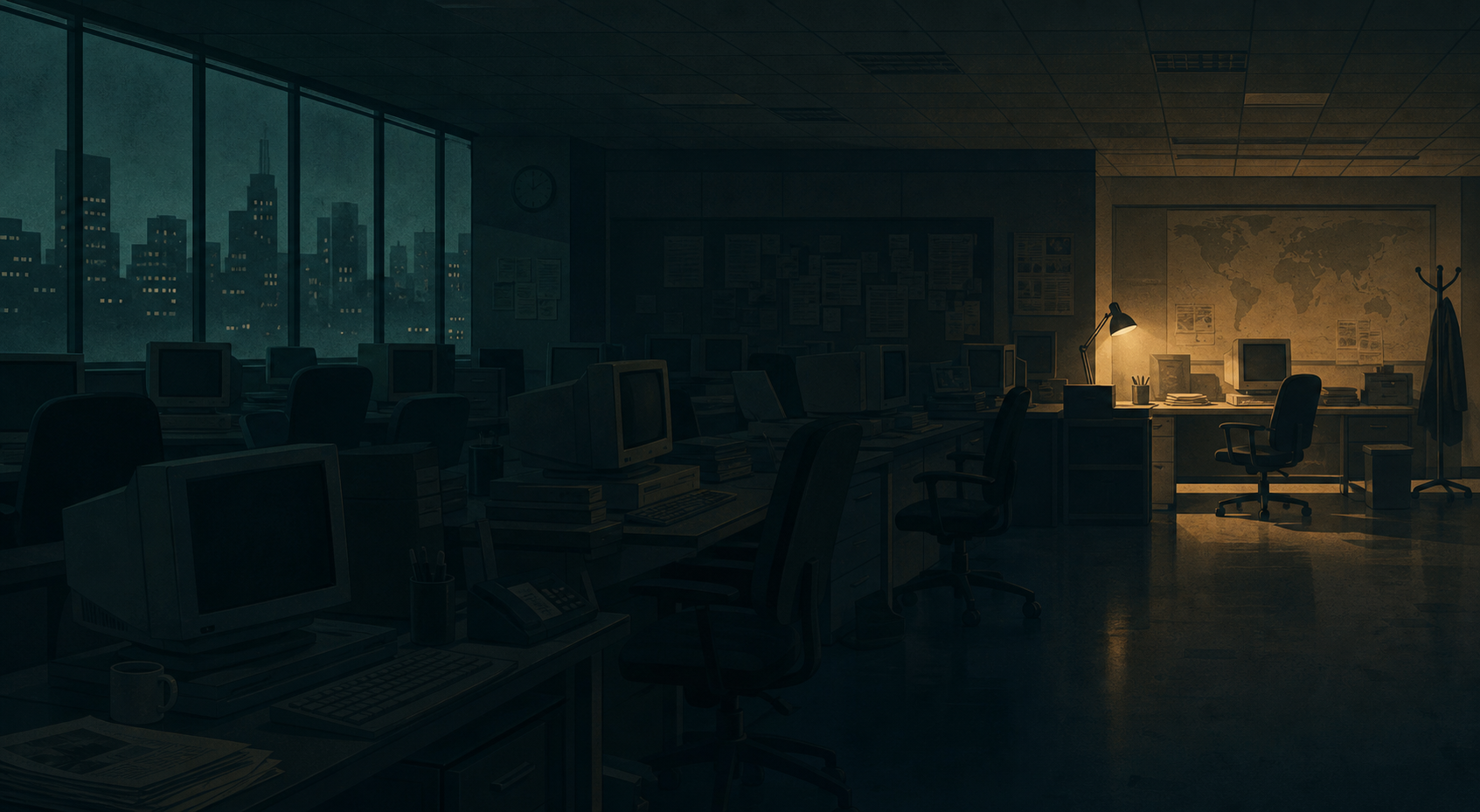 Illustration of a darkened, mostly empty newsroom with a single desk lamp still lit
