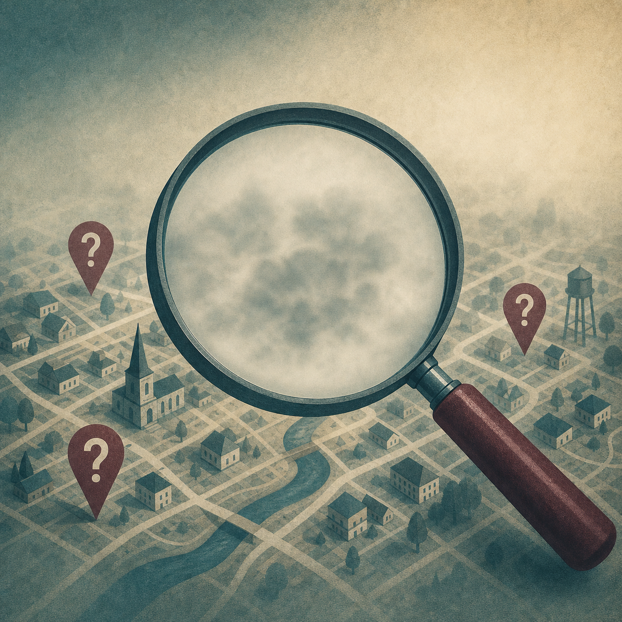 Illustration of a magnifying glass over a foggy map, symbolizing unresolved local news stories
