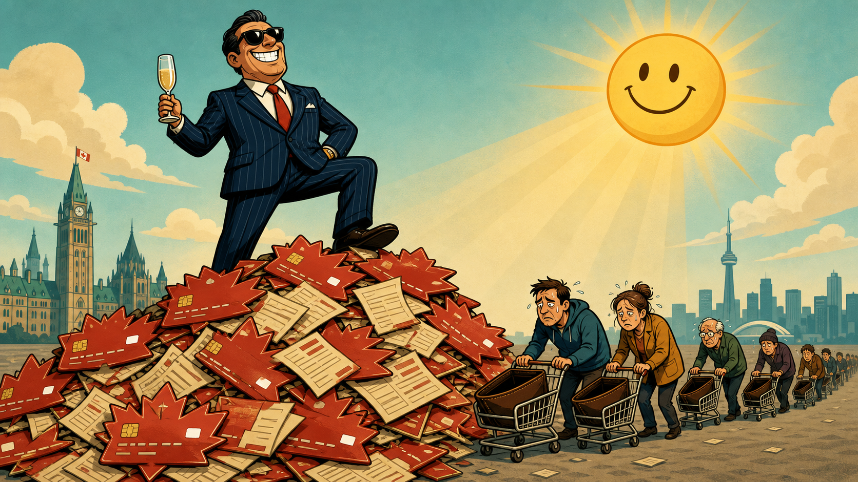 Satirical illustration of a grinning banker-turned-politician standing atop a mountain of credit cards and bills under a beaming, ironic cartoon sun