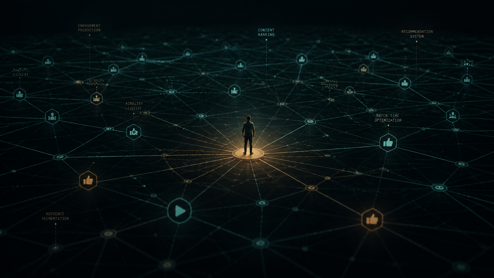 A lone human figure standing on a small glowing node within a vast dark algorithmic network