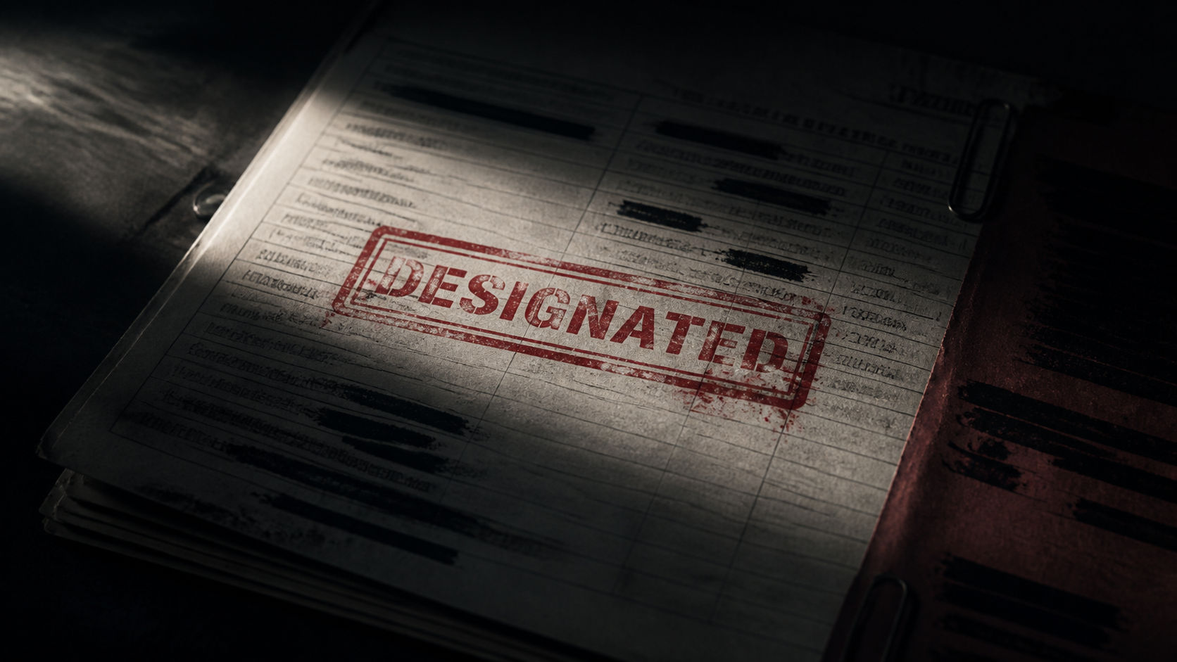 Illustration of a rubber stamp marked DESIGNATED over redacted financial ledger lines