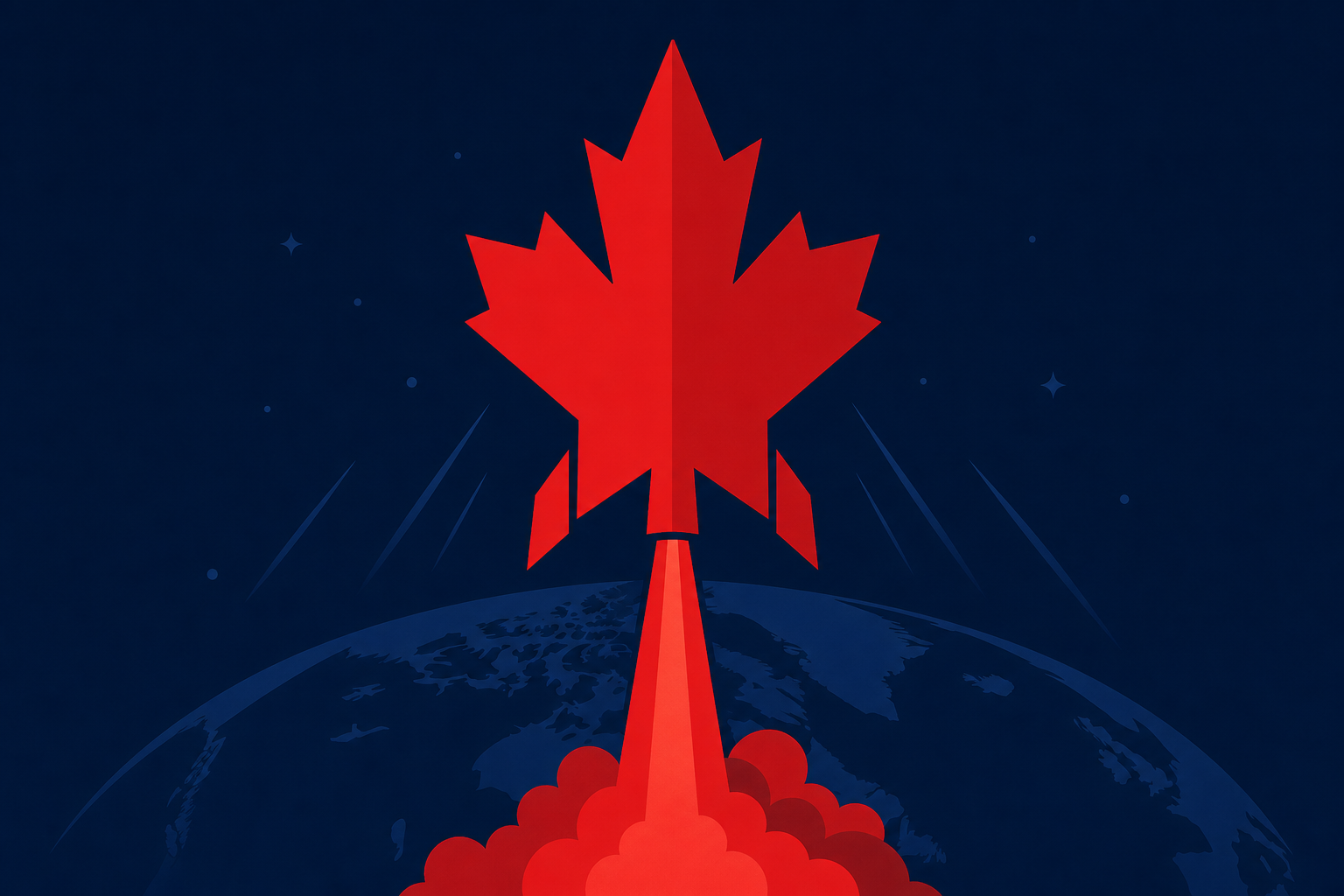 Stylized maple leaf transforming into a rocket, symbolizing a fast-moving Canadian response