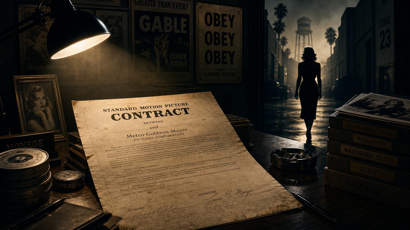 A vintage film contract lit by a spotlight, with a classic movie star's silhouette fading into shadow