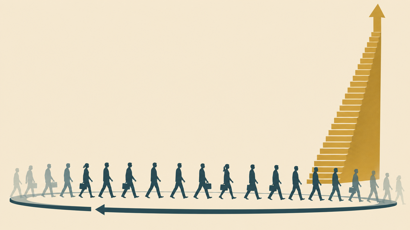 Editorial illustration contrasting a rising staircase of executive pay against a circular line of worker figures representing turnover