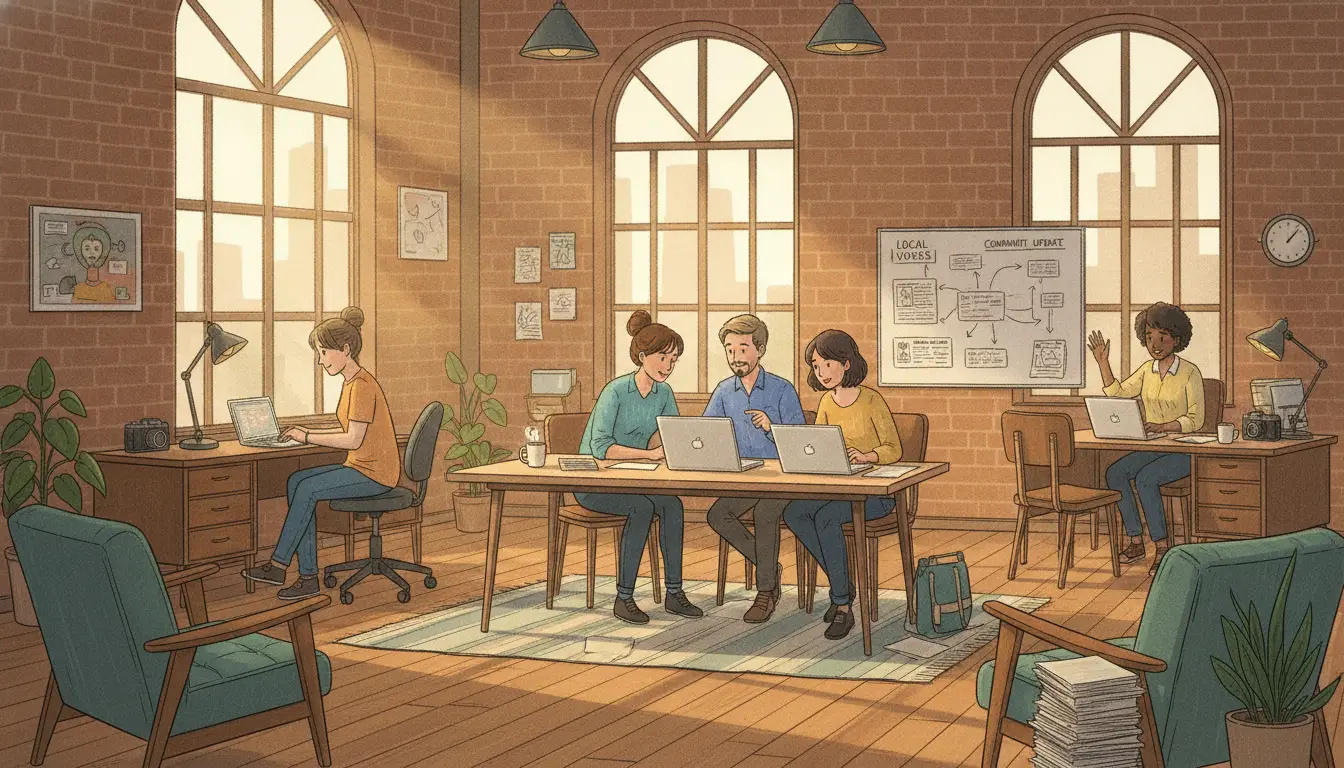 Illustration of a small community newsroom team collaborating in a sunlit repurposed space