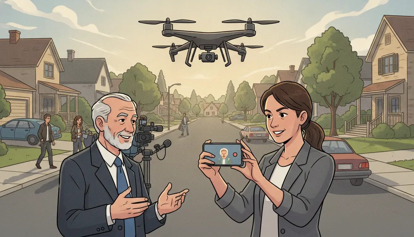 Illustration of a smartphone recording an interview and a drone flying over a residential street