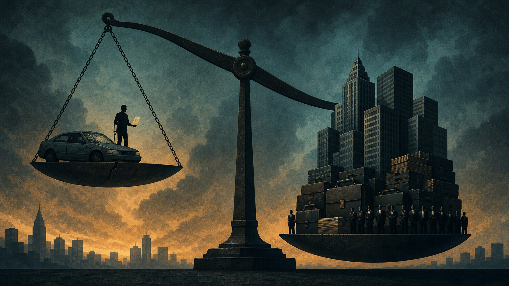 Illustration of an imbalanced scale: a small crash victim on one side, a tower of legal offices and lawyers on the other