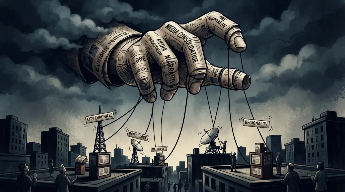 Editorial illustration of a giant newsprint hand controlling miniature television towers and newspaper mastheads, symbolizing concentrated media ownership