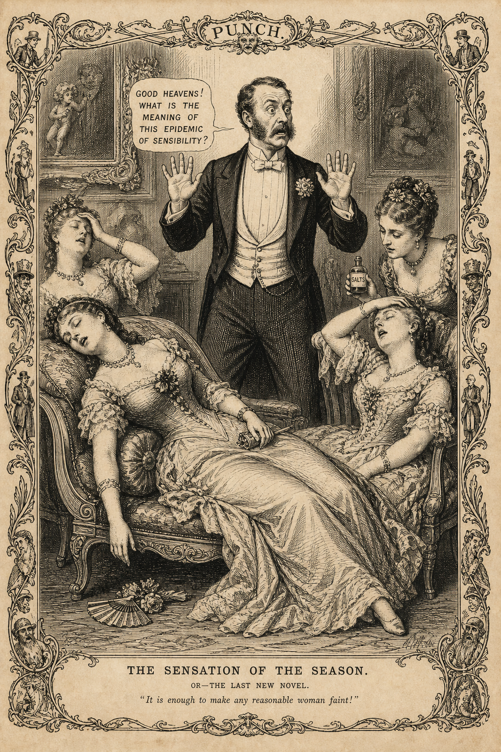 Victorian engraving of an alarmed gentleman surrounded by fainting society ladies clutching smelling salts