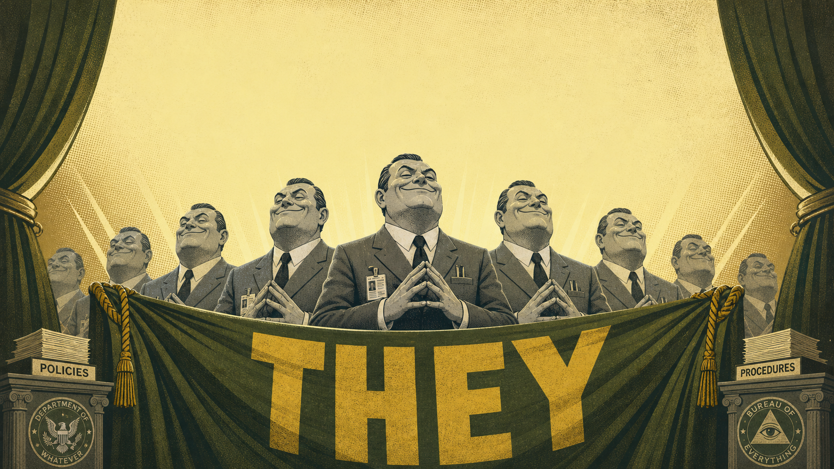 Illustration of anonymous gray-suited bureaucrats standing behind a curtain labeled They