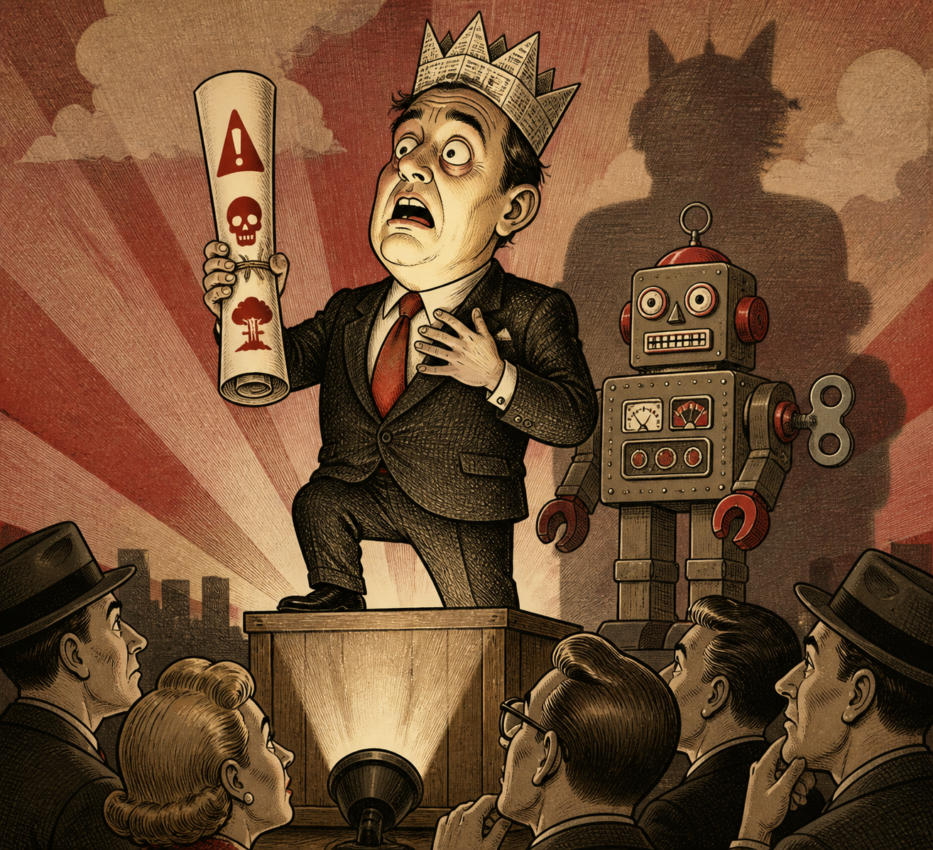Satirical illustration of a self-important pundit wearing a paper crown, dramatically warning of AI catastrophe