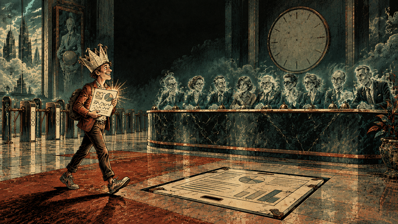 Nine spectral corporate archetypes seated in a decaying boardroom