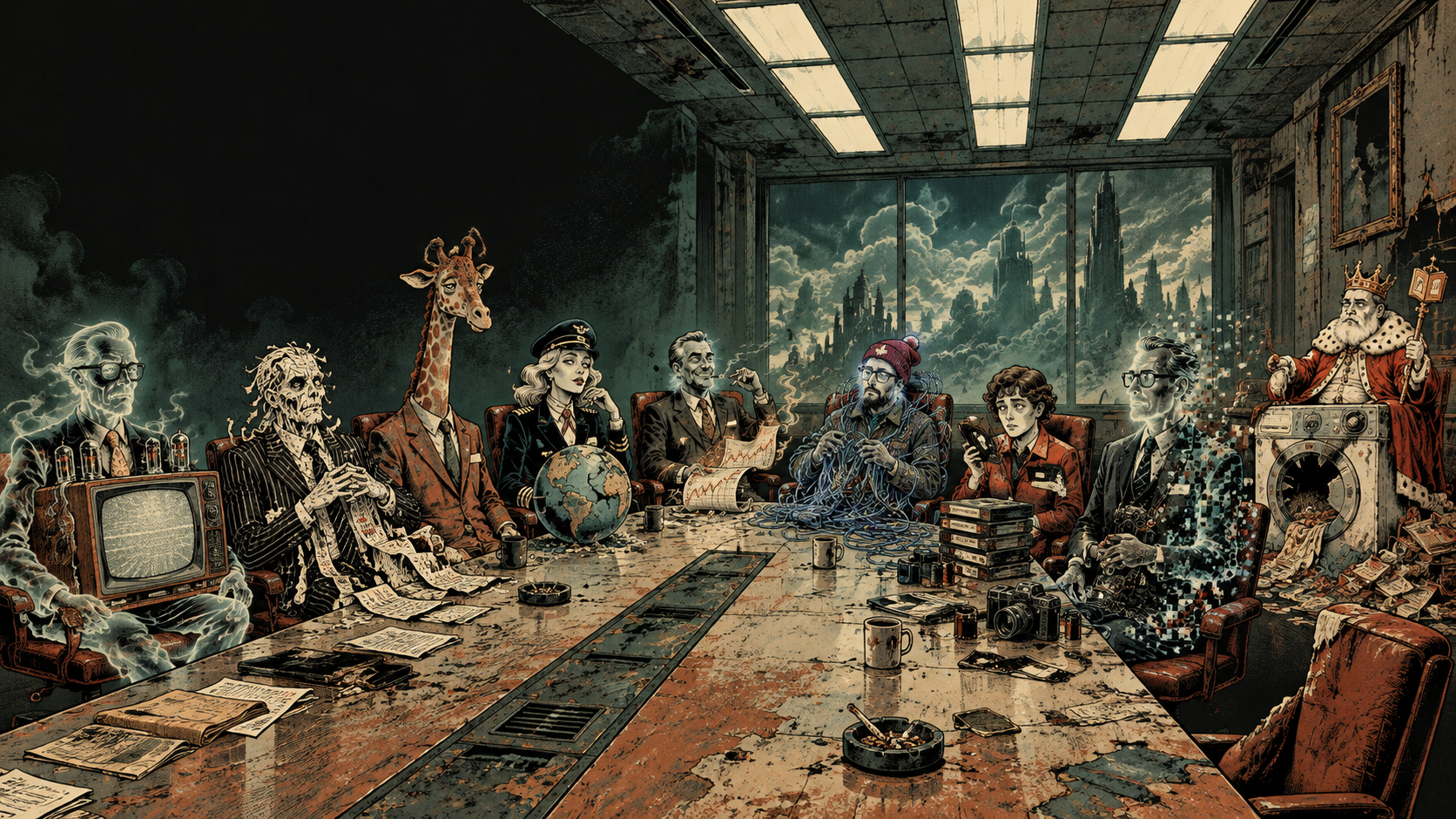 A crowned start-up founder arriving in a lobby of knowing corporate ghosts