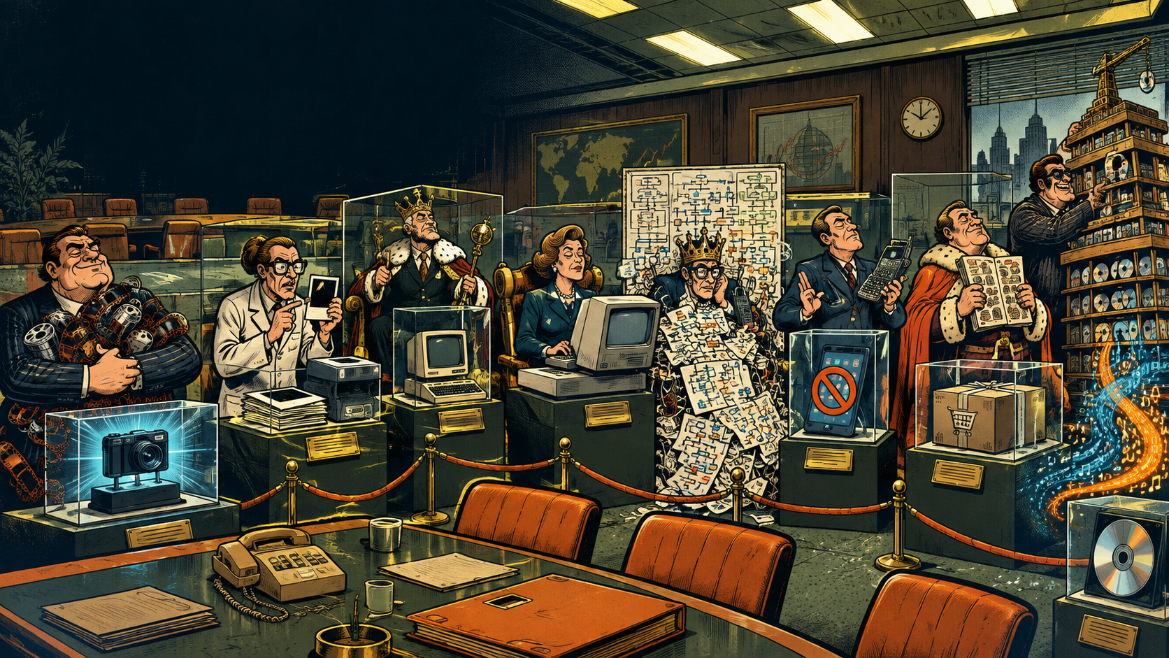 Corporate executives defend obsolete machines inside a retro-futurist museum.