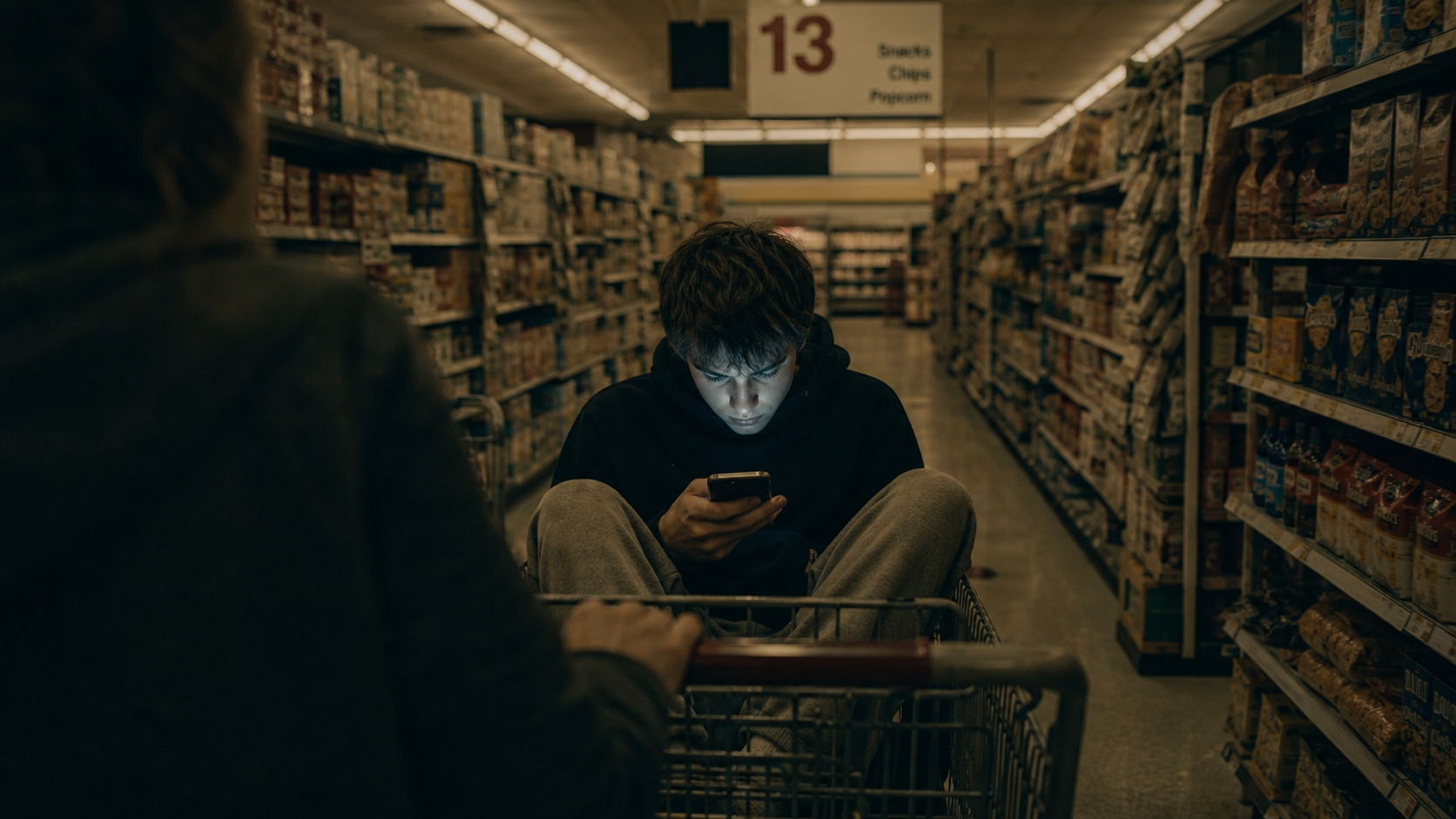 A teenager sits in an oversized shopping cart, face lit blue by a smartphone, while an out-of-focus adult pushes from behind in a supermarket aisle.