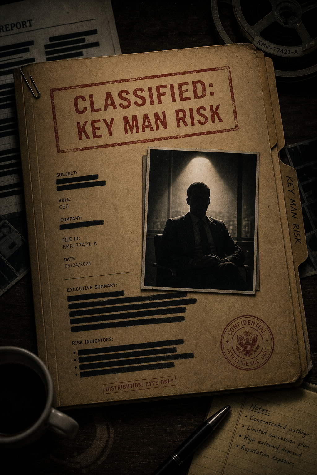 Illustrated dossier cover depicting a silhouetted executive under spotlight surrounded by redacted documents