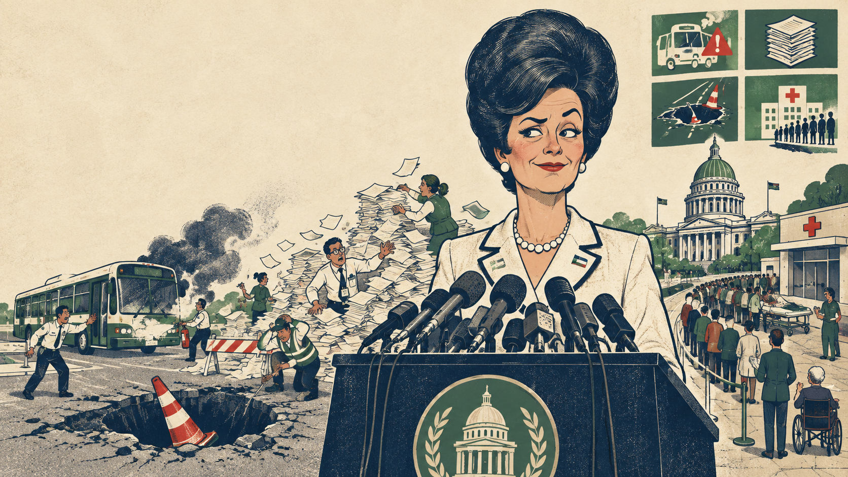 Miss S at a podium while fictional civic crises unfold behind her