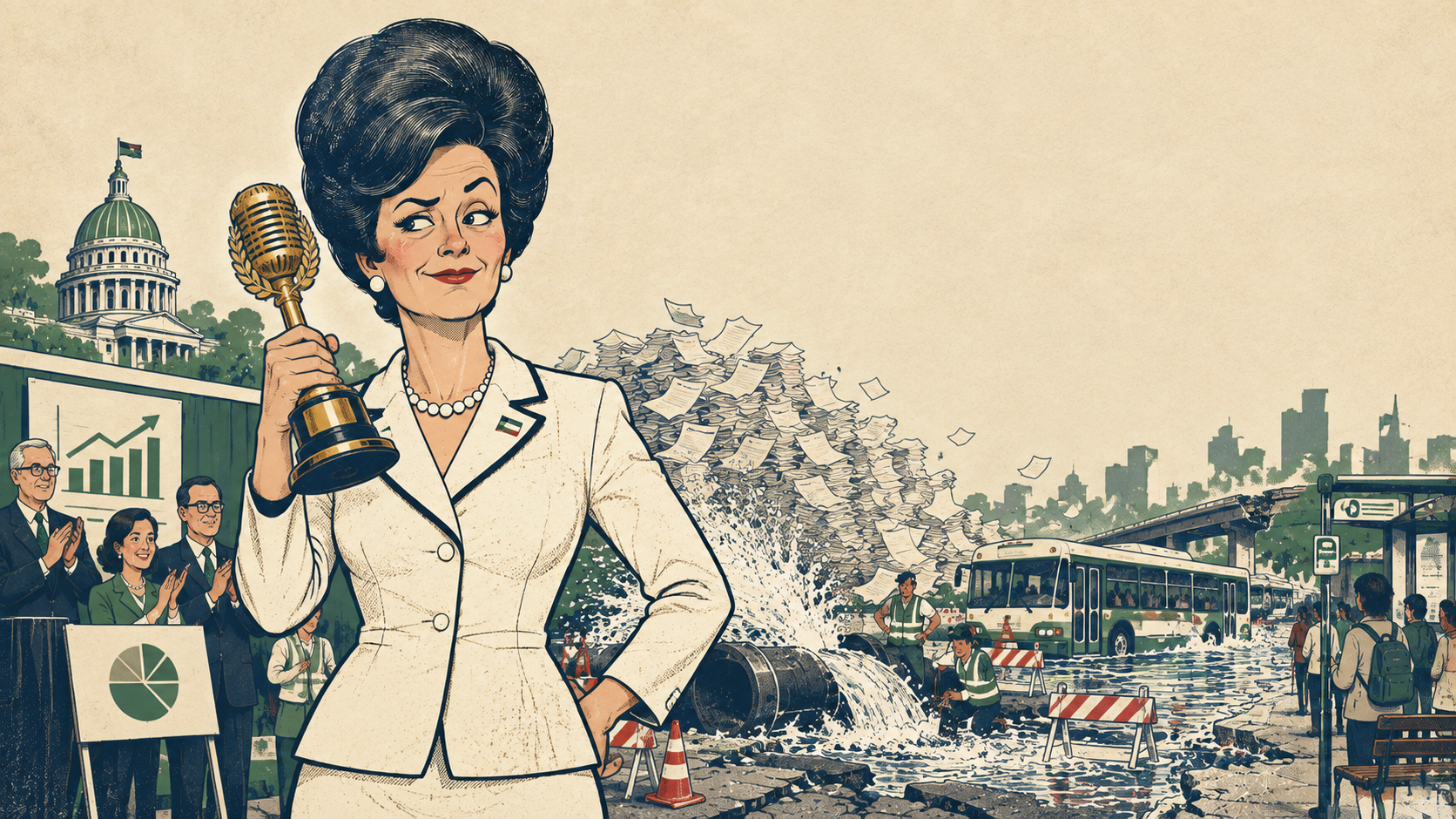 Miss S holds a microphone trophy while the fictional republic collapses behind her