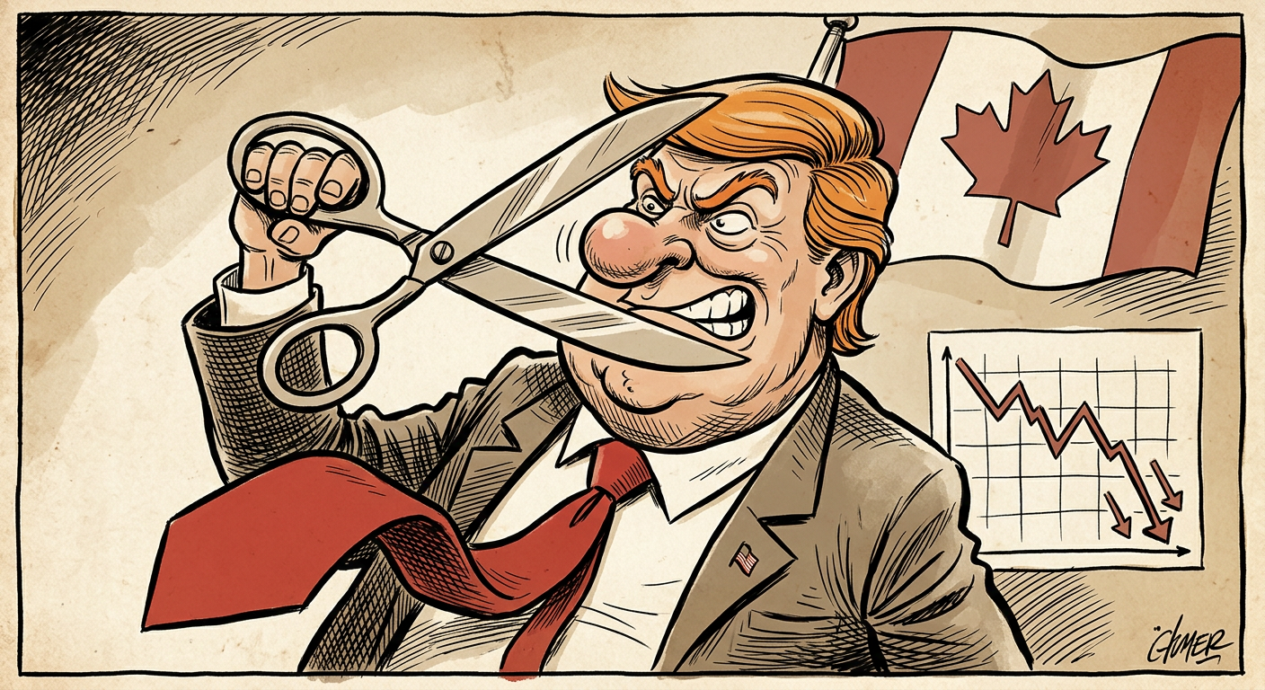 Satirical cartoon of an exaggerated politician figure holding scissors to his own nose while a Canadian flag flutters behind him and a trade chart plummets