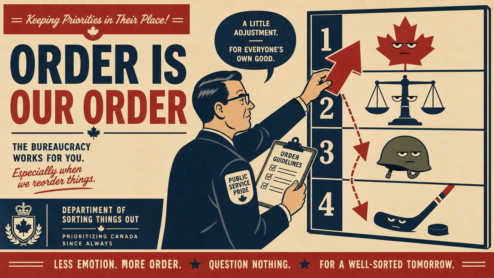 Illustration of a bureaucrat with oversized arrows attempting to reorder floating icons of a maple leaf, scales of justice, a helmet, and a hockey stick