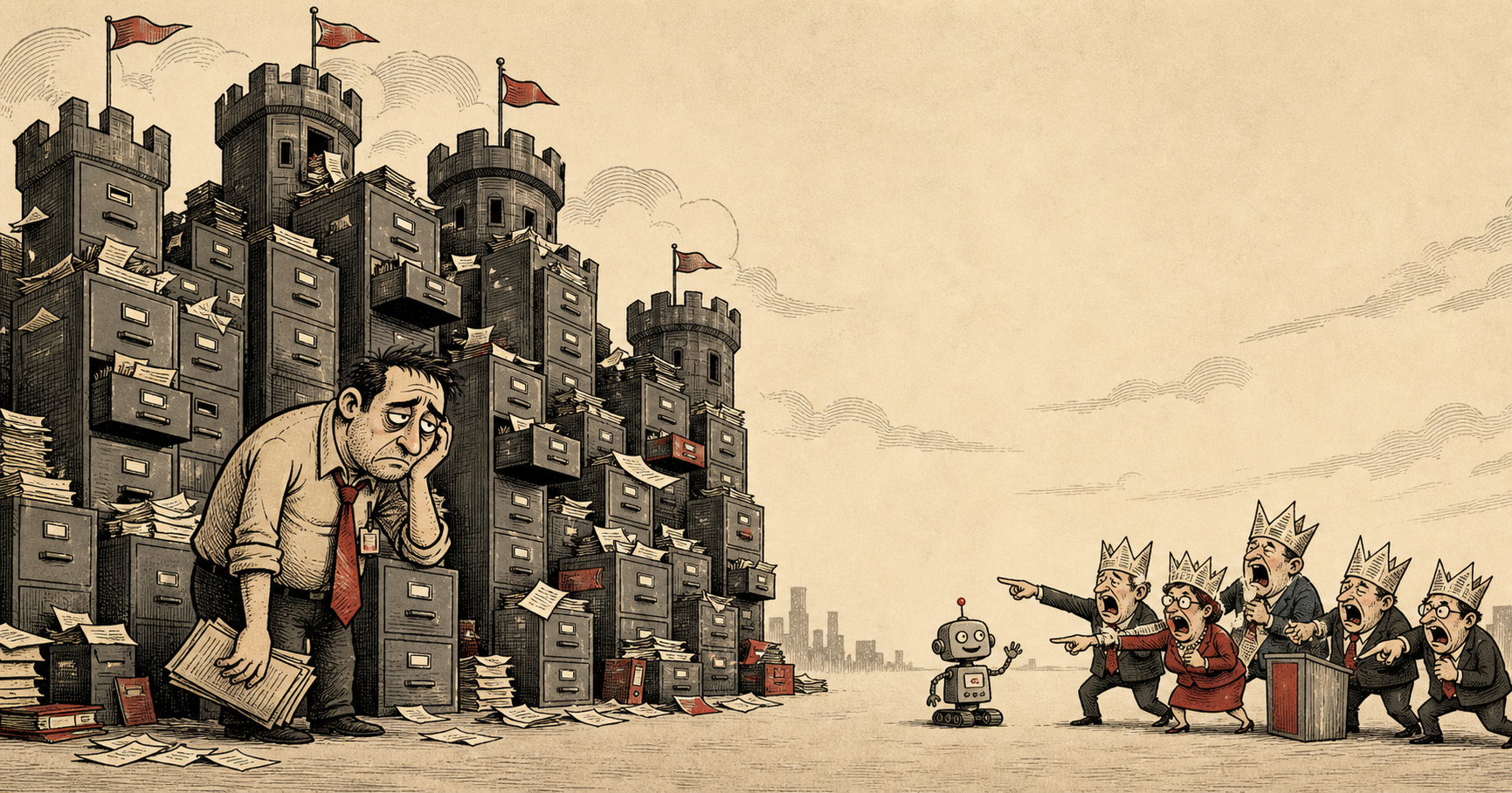 Satirical illustration of an exhausted IT worker in front of towering filing-cabinet data silos while distant pundits in paper crowns shout at a harmless robot