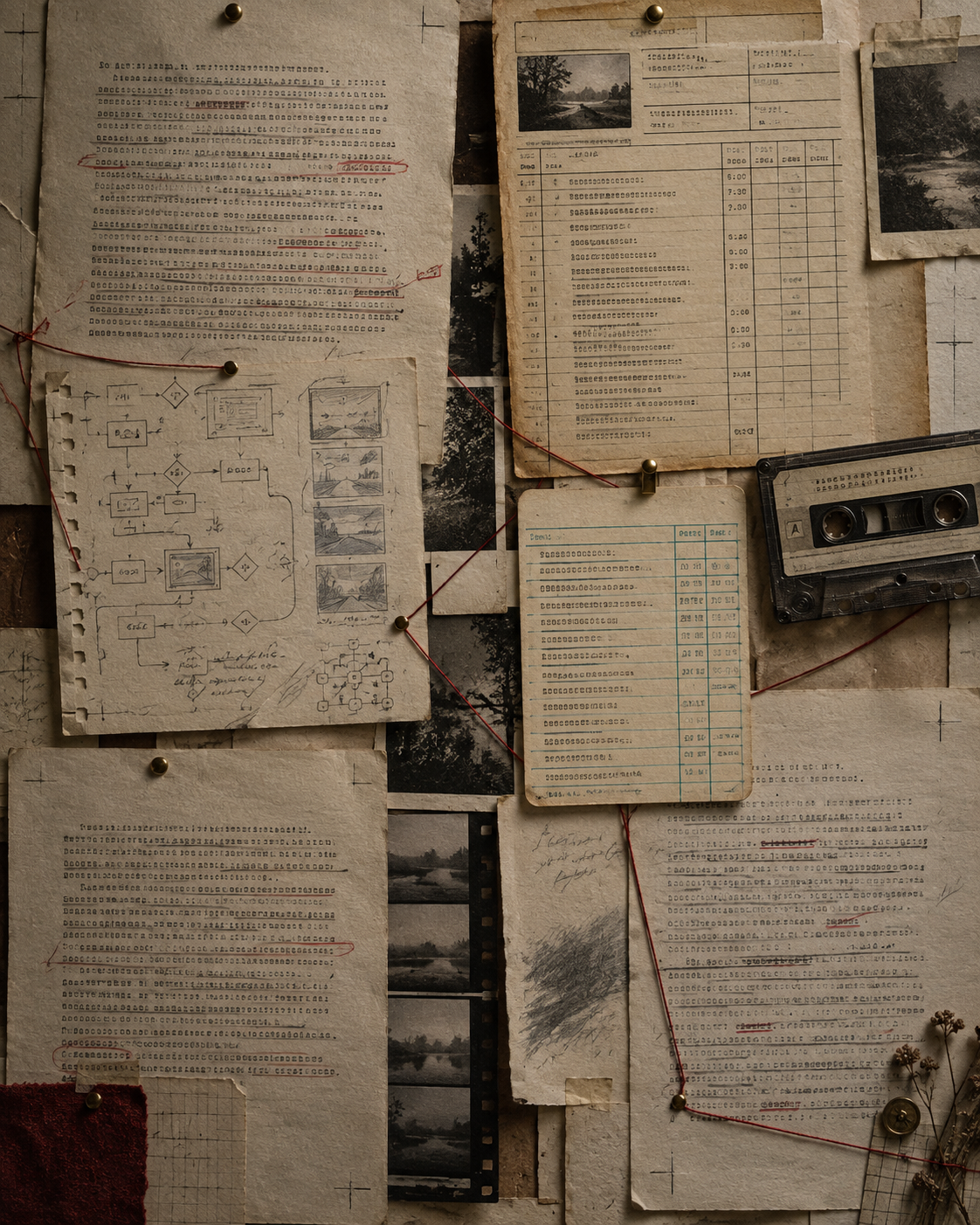 An archival research desk layered with papers, thread, pencils, and marginal notes