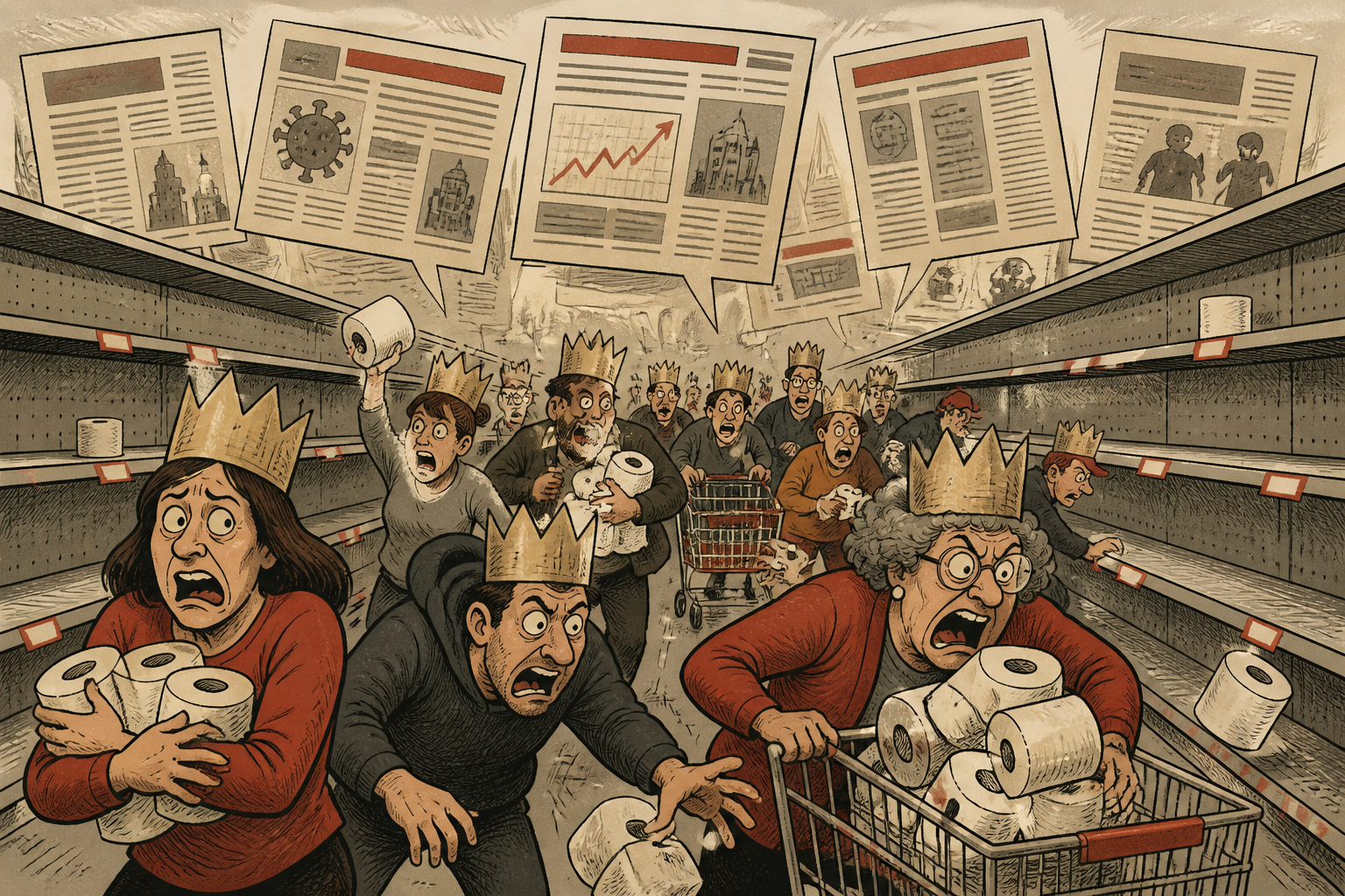 Satirical illustration of shoppers in paper crowns panic-buying toilet paper from an emptied grocery aisle