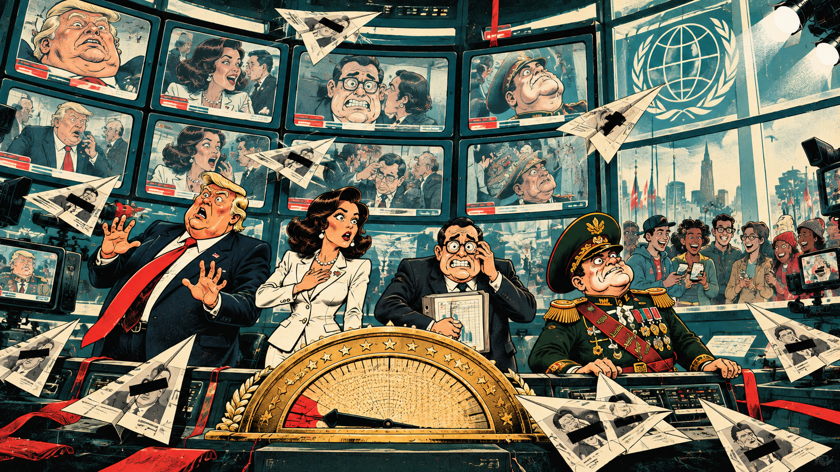 The fictional propaganda control room collapses while citizens laugh and share information