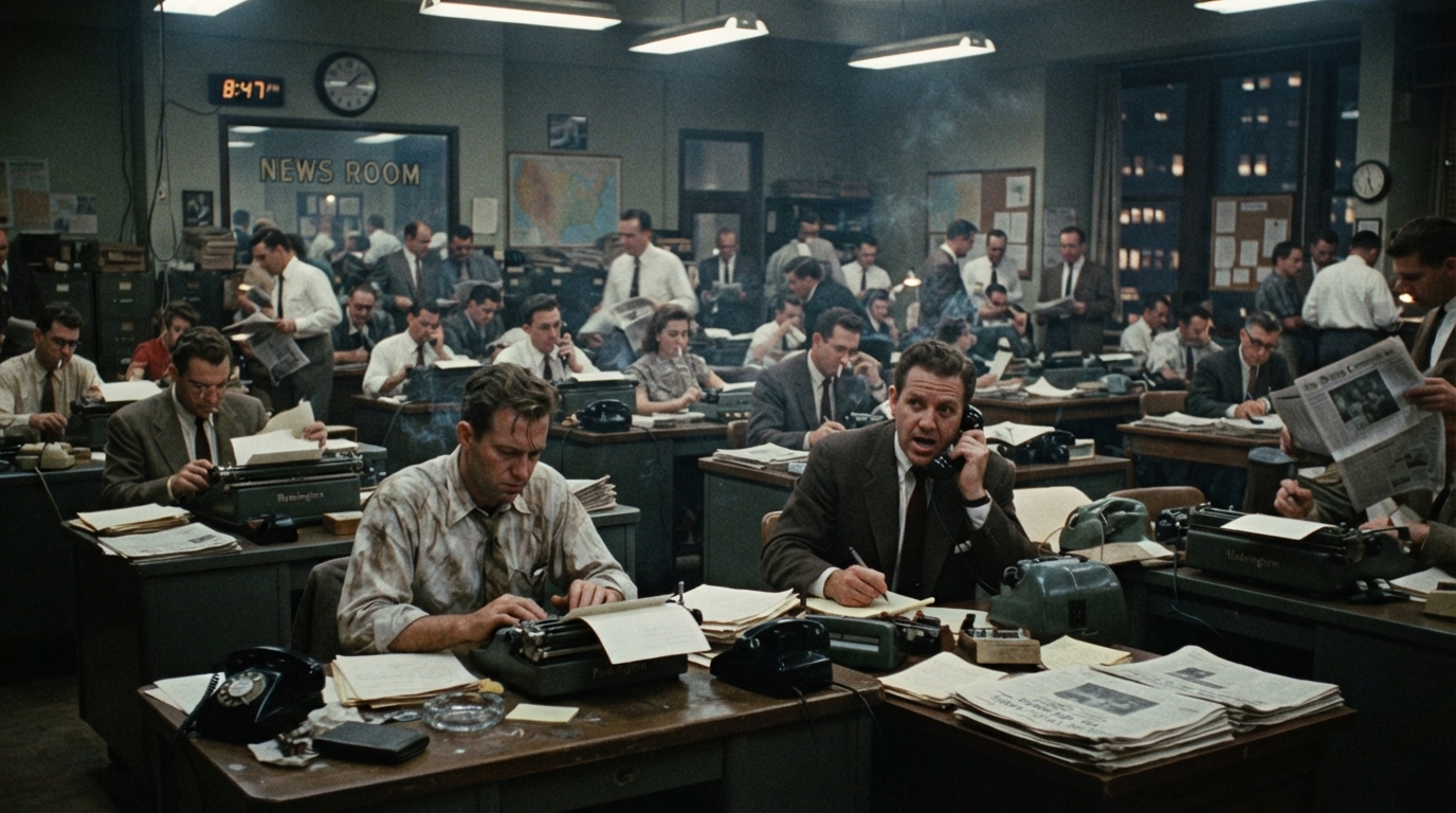 A crowded mid-century newsroom with reporters working at desks and typewriters